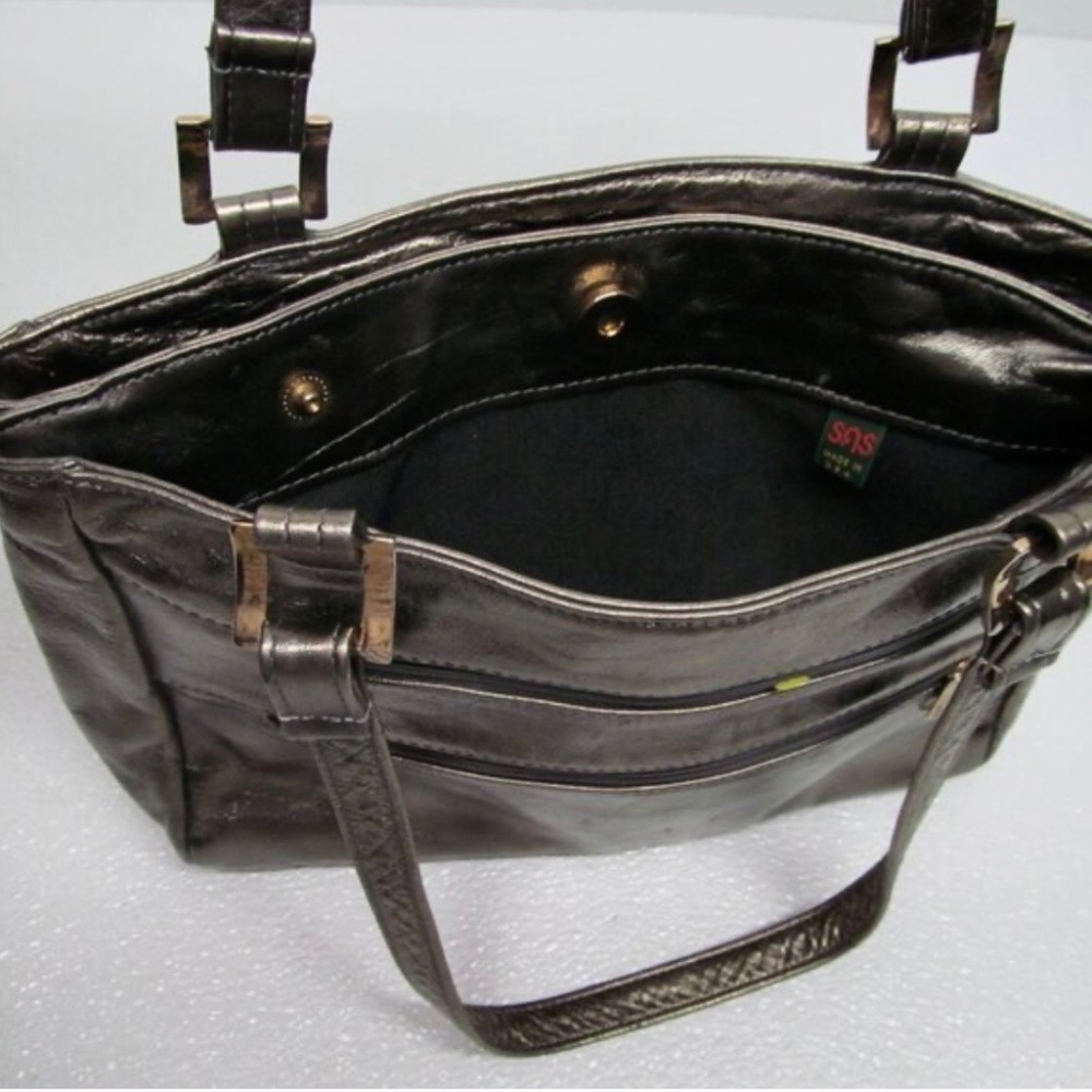 Vintage SAS Leather Purse Metallic Pewter Double Shoulder Straps Snap Zip Close